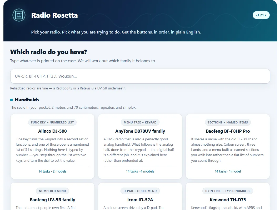 The HR4NT Radio Rosetta app showing the radio picker with handheld families including the Baofeng UV-5R, AnyTone D878UV and Kenwood TH-D75