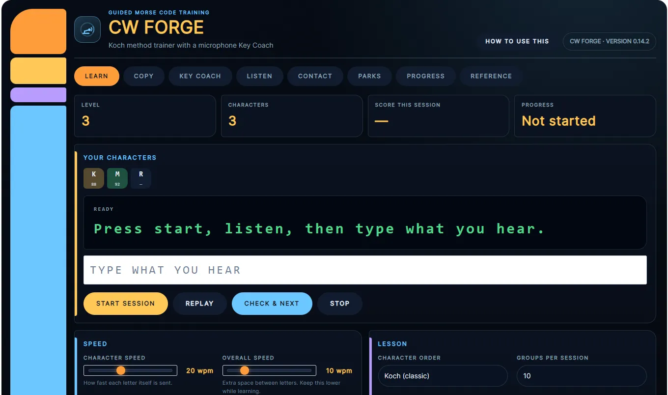 The HR4NT CW Forge Morse code trainer showing a Koch method practice session with character speed and Farnsworth spacing controls