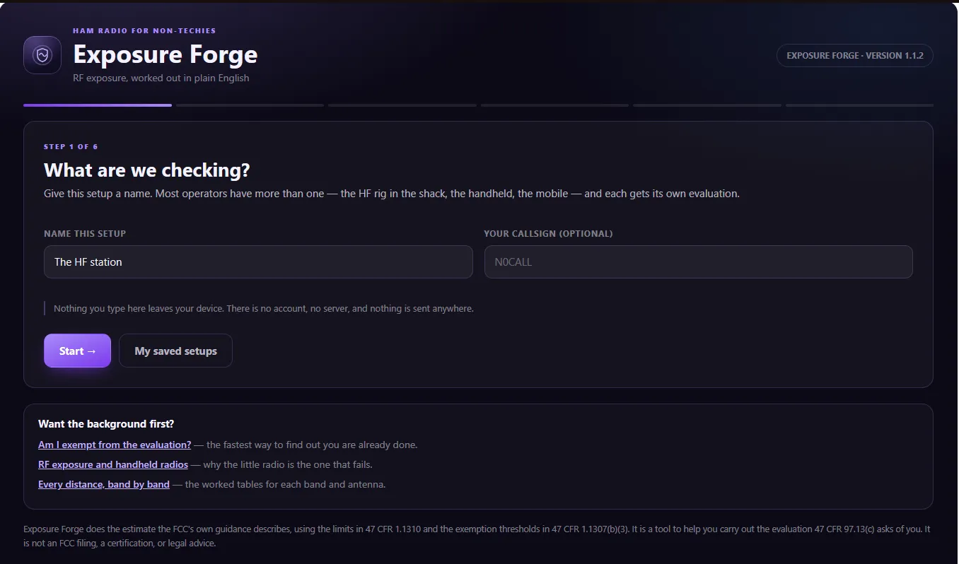 The HR4NT Exposure Forge RF exposure calculator starting an evaluation for a named station setup