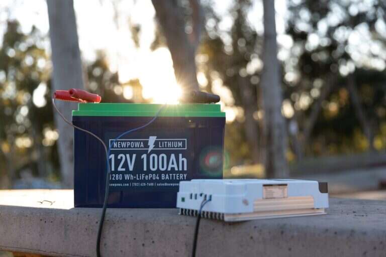 A LiFePO4 lithium iron phosphate battery pack sitting beside its matched charger, the correct charger for the chemistry
